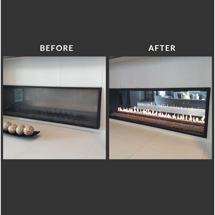 Modern linear gas fireplace before and after service showing dark glass vs full flame display