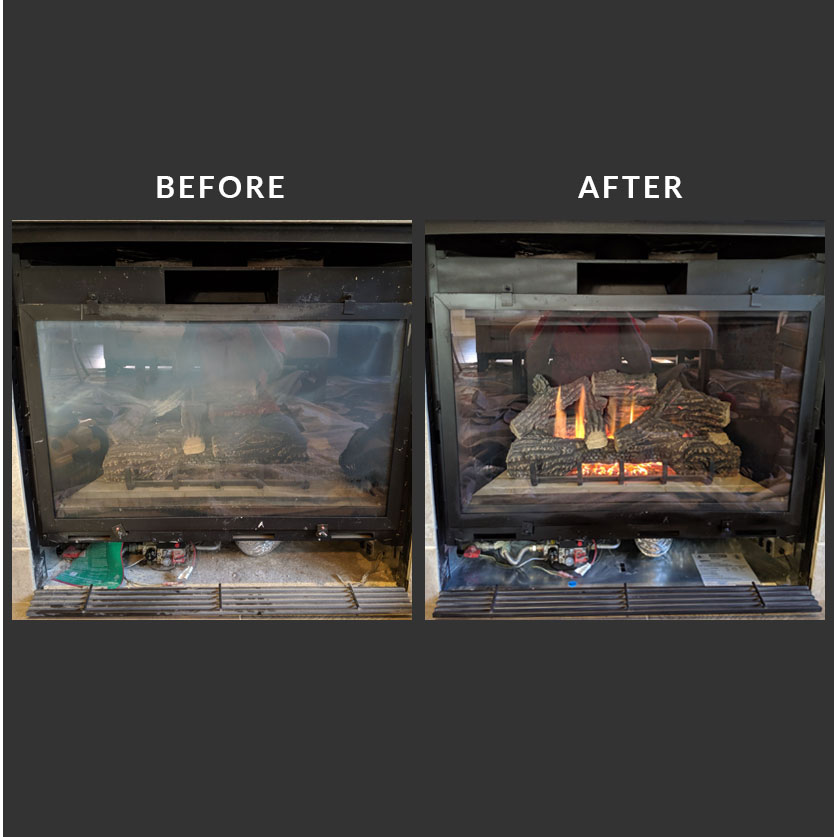 Gas fireplace before and after professional service and cleaning showing clouded glass vs clear burning flame