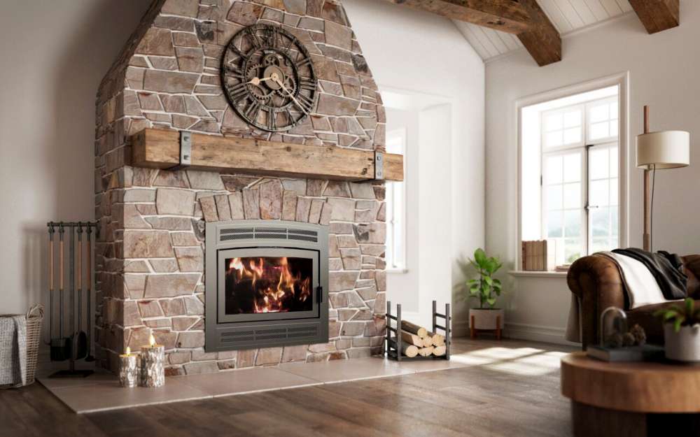 Stone surround wood fireplace installation in a Teton County home
