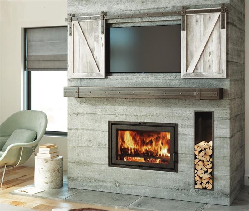 Modern wood burning fireplace insert with log storage